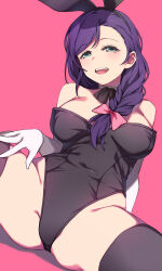 1girl animal_ears black_leotard black_thighhighs bow braid braided_ponytail breasts cleavage covered_navel duke_(inu_daimyou) fake_animal_ears green_eyes hair_bow highres large_breasts leotard long_hair looking_at_viewer love_live! love_live!_school_idol_project open_mouth pink_background pink_bow playboy_bunny purple_hair rabbit_ears simple_background smile solo thighhighs thighs tojo_nozomi