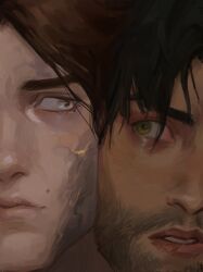 2boys 6_teh arcane:_league_of_legends arcane_jayce bags_under_eyes beard black_hair bloodshot_eyes brown_eyes brown_hair close-up couple dark_skin eye_contact eye_trail facial_hair green_eyes heads_together highres jayce_(league_of_legends) league_of_legends light_trail looking_at_another male_focus mature_male mole mole_above_mouth multiple_boys short_hair split_crop thick_eyebrows viktor_(arcane) viktor_(league_of_legends) yaoi