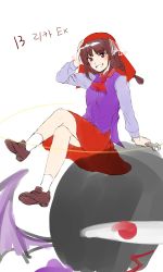 Rule 34 | 1girl, absurdres, ascot, bat wings, blunt bangs, braid, breasts, brown eyes, brown hair, brown shoes, collared vest, commentary request, crossed legs, derivative work, evil eye sigma, ex-rika, eyeball, floating, full body, grey shirt, grin, hand on headwear, highres, holding, korean commentary, kuya (hey36253625), light blush, loafers, long hair, long sleeves, looking at viewer, official alternate costume, purple vest, red ascot, red headwear, red skirt, ribbon, rika (touhou), shirt, shoes, simple background, sitting, skirt, small breasts, smile, split mouth, story of eastern wonderland, touhou, touhou (pc-98), translation request, vest, white background, white legwear, white ribbon, wings, wrench