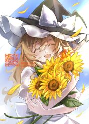 1girl apron black_skirt black_vest blonde_hair bow closed_eyes flower frilled_hat frills hat hat_bow highres holding holding_flower kirisame_marisa marisa_day puffy_short_sleeves puffy_sleeves rokuya_(68_zusao) short_sleeves skirt smile sunflower touhou vest waist_apron white_bow witch_hat