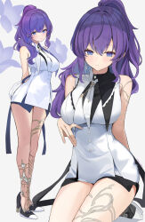 1girl absurdres arms_behind_back asahina_mafuyu bare_shoulders black_shoes blush breasts buttons clock_hands closed_mouth commentary_request crossed_bangs dress earrings flower full_body hair_between_eyes hair_over_shoulder high_heels high_ponytail highres jewelry kneeling large_breasts light_blush long_hair looking_at_viewer multiple_views necktie official_alternate_costume ponytail project_sekai purple_eyes purple_flower purple_hair shoes short_dress sidelocks single_bare_arm sleeveless sleeveless_dress standing thighs usagi_melon3 utakata_ni_idakarete_(project_sekai) white_dress white_necktie
