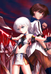 1boy 1girl armpits bare_shoulders brown_hair energy_sword fingerless_gloves flat_chest gloves ku_klux_klan lightsaber navel panties s_zenith_lee scimitar short_hair grey_eyes skirt surrounded sword thong underwear weapon white_hair