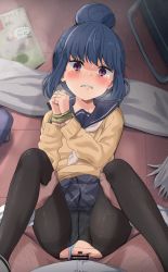 1boy 1girl bar_censor black_pantyhose blue_hair blue_panties blush bound bound_wrists censored clenched_hands clenched_teeth clitoral_hood clitoris clothed_sex clothes_lift clothing_aside commission crying crying_with_eyes_open dark-skinned_male dark_skin dot_nose empty_eyes from_above grey_scarf hair_bun hands_up hetero highres indoors knees_up leg_grab long_sleeves looking_at_viewer lying missionary on_back on_floor own_hands_together panties panties_aside panties_under_pantyhose pantyhose penis pixiv_commission pov pov_crotch pov_hands purple_eyes pussy pussy_juice rape sailor_collar scarf school_uniform scowl sex shima_rin short_hair sincos single_hair_bun skirt skirt_around_belly skirt_lift solo_focus spread_legs sweater tears teeth thigh_grab thighband_pantyhose torn_clothes torn_legwear underwear unworn_scarf vaginal veins veiny_penis yellow_sweater yurucamp