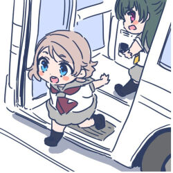 2girls :d black_hair black_shoes black_socks black_thighhighs blue_eyes blush_stickers bus chibi chibi_only commentary_request grey_hair grey_skirt long_hair love_live! love_live!_sunshine!! miniskirt motor_vehicle multiple_girls open_mouth running school_uniform serafuku shinanoya_(satanicad) shirt shoes short_hair short_sleeves skirt smile socks summer_uniform teeth thighhighs tsushima_yoshiko upper_teeth_only uranohoshi_school_uniform watanabe_you white_shirt