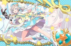 1girl :d bare_shoulders beret black_dress bloomers blue_background blue_eyes blue_hat blue_shoes bow_(weapon) breasts ceras_yanagida_lilienfeld ceras_yanagida_lilienfeld_(mahou_shoujo_rhythmic_heart) crossbow detached_sleeves dress earrings full_body game_cg grey_hair hair_ribbon hat hat_ornament high_heels highres jewelry large_breasts link!_like!_love_live! long_hair love_live! magical_girl multiple_views non-web_source official_art open_mouth pink_ribbon ribbon shoes short_dress smile socks star_(symbol) star_earrings star_hat_ornament stuffed_animal stuffed_rabbit stuffed_toy underbust underwear upskirt virtual_youtuber weapon white_bloomers white_socks yellow_corset