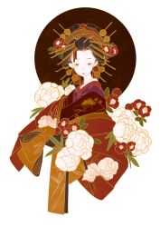 Rule 34 | 1girl, absurdres, black sun, brown eyes, closed mouth, commentary request, cropped torso, flower, geisha, headdress, highres, japanese clothes, kimono, layered kimono, looking at viewer, marumage, multicolored kimono, nihongami, orange kimono, original, red flower, red kimono, red lips, solo, sun, surie, white background, white flower
