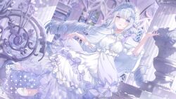 1girl artist_logo artist_name blue_eyes blue_gemstone bow brooch cloak commission dress drill_hair frills fur-trimmed_cloak fur_trim gem hair_ornament highres jewelry layered_dress logo long_hair open_mouth original purple_bow shoes short_sleeves snowflake_hair_ornament snowflake_ornament solo teeth twin_drills umehara_sei upper_teeth_only very_long_hair virtual_youtuber watermark white_dress white_hair