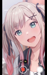 1girl :d aqua_eyes artist_name black_jacket black_ribbon character_request collarbone commentary_request fake_phone_screenshot fake_screenshot gradient_hair grey_hair hair_ornament hair_ribbon jacket kenzen_kanojo_uruka-chan long_hair looking_at_viewer multicolored_hair open_mouth pink_hair recording ribbon shamakho shirt sidelocks signature smile solo teeth twintails upper_body upper_teeth_only watermark white_shirt x_hair_ornament