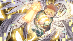 Rule 34 | 1boy, absurdres, akamine naoki, angel wings, angemon, artist name, blonde hair, brown shorts, closed eyes, digimon, digimon (creature), digimon adventure, digitama, egg, falling feathers, feathers, green shirt, highres, holding digimon, naoki akamine, shirt, short hair, shorts, tagme, takaishi takeru, wings