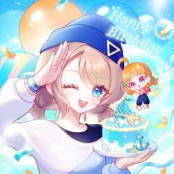 1girl ahoge alphive alternate_hairstyle anchor balloon beanie bird birthday blush boat bracelet brown_hair cake chibi english_text food grey_hair happy_birthday hat highres holding holding_food jewelry long_sleeves looking_at_viewer love_live! love_live!_sunshine!! multiple_girls one_eye_closed open_mouth orange_hair original plate ponytail salute seagull shoes sky smile sneakers takami_chika watanabe_you watercraft