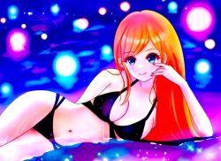 1girl bikini black_bikini blue_eyes breasts cleavage closed_mouth orange_hair swimsuit