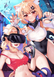 2girls :3 :d animal_ear_fluff animal_ears artist_name bare_shoulders blonde_hair breasts camisole cat_ears cleavage clothing_cutout colored_inner_hair commentary covered_navel crop_top dual_persona english_commentary english_text facial_mark fangs groin hair_ornament hairclip head-mounted_display highres holding looking_at_viewer manta_ray medium_breasts medium_hair midriff multicolored_hair multiple_girls navel open_mouth purple_hair red_eyes shirt shoulder_cutout shyrei_faolan smile squchan stomach strap_slip thighs two-tone_hair virtual_youtuber vyugen watermark web_address whisker_markings white_shirt x_hair_ornament