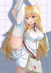 Rule 34 | 1girl, :d, absurdres, bag, between breasts, blonde hair, blush, breasts, brown eyes, chain, commentary request, cowboy shot, elbow gloves, enoha, flexible, gloves, grid background, gym shirt, gym shorts, gym uniform, handbag, highres, large breasts, leg up, long hair, looking at viewer, midriff peek, no emblem, open mouth, shirt, shokuhou misaki, short shorts, shorts, sleeveless, sleeveless shirt, smile, solo, sparkle, sparkling eyes, split, standing, standing on one leg, standing split, star-shaped pupils, star (symbol), strap between breasts, sweat, symbol-shaped pupils, thighhighs, toaru kagaku no mental out, toaru kagaku no railgun, toaru kagaku no railgun t, toaru majutsu no index, tokiwadai school gym uniform, very long hair, white gloves, white shirt, white shorts, white thighhighs