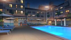 Rule 34 | apartment, balcony, caustics, chair, city lights, floodlights, highres, lifebuoy, light reflection (water), lounge chair, night, no humans, non-web source, official art, our life, our life: beginnings and always, outdoors, palm tree, pool, pool ladder, pool noodle, scenery, swim ring, tile floor, tiles, tree, umbrella, variant set, window
