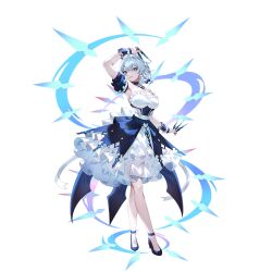 Rule 34 | 1girl, alternate costume, arm up, armpits, black shoes, blue bow, blue choker, blue dress, blue eyes, bow, breasts, choker, commentary request, detached sleeves, dress, full body, game cg, grey hair, hair bow, high heels, holding, holding knife, izayoi sakuya, knife, large breasts, looking at viewer, medium hair, official art, parted lips, shoes, solo, standing, strapless, strapless dress, third-party source, throwing knife, touhou, touhou gensou eclipse, transparent background, u u zan, weapon, white dress, wrist cuffs