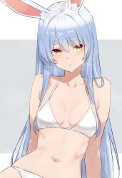 1girl absurdres alternate_costume animal_ear_fluff animal_ears bikini blue_hair bluefield breasts cleavage commentary extra_ears highres hikimayu hololive long_hair looking_at_viewer navel orange_eyes rabbit-shaped_pupils rabbit_ears rabbit_girl short_eyebrows simple_background small_breasts solo stomach swimsuit symbol-shaped_pupils thick_eyebrows two-tone_background usada_pekora virtual_youtuber white_bikini