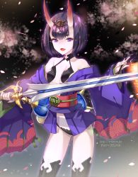 1girl bad_id bad_pixiv_id black_thighhighs breasts cowboy_shot fangs fate/grand_order fate_(series) female_focus holding holding_sword holding_weapon horns japanese_clothes kimono looking_at_viewer open_mouth petals pixiv_id purple_eyes purple_hair purple_kimono revealing_clothes short_hair short_kimono shuten_douji_(fate) skin-covered_horns small_breasts smile solo sword thick_eyebrows thighhighs trianon watermark weapon web_address