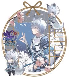 1boy animal animal_ears armor blue_eyes cherry_blossoms chibi chibi_inset closed_mouth commentary flower fox_shadow_puppet fubuki_(rune_factory) grey_hair hair_over_one_eye hashtag-only_commentary highres japanese_armor japanese_clothes long_sleeves looking_at_viewer male_focus open_mouth petals pink_flower profile rope rune_factory rune_factory:_guardians_of_azuma shirogane_(shiro_gane_08) shirt short_hair standing tail upper_body white_shirt wolf wolf_boy wolf_ears wolf_tail