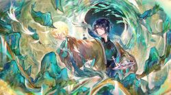 1boy absurdres aqua_eyes bare_tree bird black_hair black_shirt blue_hair chinese_clothes chinese_commentary closed_mouth coat curtained_hair daxiushan full_moon hair_between_eyes hanfu highres holding holding_paint_palette jewelry light_smile long_sleeves looking_at_animal looking_to_the_side luludeer386 male_focus moon mountain open_clothes open_coat outstretched_arm paint_palette pendant qian_li_jiangshan_tu_(wuhua_mixin) river shirt short_hair solo tree upper_body wide_sleeves wuhua_mixin yellow_coat