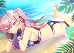 1girl ass bare_shoulders barefoot beach bikini black_bikini black_gloves blue_eyes blurry blurry_foreground blush breasts character_request closed_mouth commentary_request commission day depth_of_field fingerless_gloves flower gloves hair_between_eyes hair_flower hair_ornament hands_up heterochromia kou_hiyoyo large_breasts leg_up long_hair lying ocean on_ground on_stomach one_side_up outdoors phantasy_star phantasy_star_online_2 pink_hair plant purple_eyes sand skeb_commission smile solo swimsuit very_long_hair water white_bikini white_flower