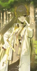 1girl absurdres arknights black_choker blurry blurry_background choker coat commentary_request elf green_eyes green_hair hand_on_own_hip hand_up highres lab_coat laurel_crown long_hair long_sleeves looking_at_viewer mole mole_under_eye muelsyse_(arknights) open_clothes open_coat open_mouth pointy_ears smile solo songchuan_li v white_coat