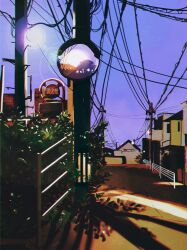 building bush evening frying-ammonite highres night night_sky no_humans original power_lines railing scenery sky traffic_mirror urban utility_pole