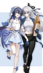 2girls absurdres bag baguette black_hair black_pants black_ribbon black_shoes blue_eyes blue_flower blue_gloves blue_hair blue_jacket blue_rose blue_shoes bouquet bread bronya_zaychik chinese_commentary choker closed_mouth commentary crossed_bangs dress earrings flower food foot_out_of_frame foot_up gloves grey_eyes grey_hair grocery_bag hair_between_eyes hair_flower hair_ornament hair_ribbon high_heels highres holding holding_another&#039;s_arm holding_bag holding_bouquet honkai_(series) honkai_impact_3rd jacket jacket_on_shoulders jewelry long_hair midriff mie_xing multiple_girls open_mouth pants ribbon rose seele_vollerei shirt shoes shopping_bag smile turtleneck turtleneck_shirt twitter_username very_long_hair white_dress white_shirt