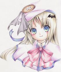 Rule 34 | 1girl, bat hair ornament, blue eyes, capelet, colored pencil (medium), commentary request, grey hair, hair ornament, hat, kasabe miori, kud wafter, little busters!, long hair, noumi kudryavka, solo, traditional media, upper body