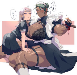 ! 2girls blush bound bound_wrists bra breasts collar dark-skinned_female dark_skin earrings gram_quartz green_hair grey_eyes highres huge_breasts jewelry maid medium_hair multiple_girls muscular muscular_female open_mouth original pink_hair scar scar_on_face school_uniform size_difference speech_bubble thigh_strap underwear yuri