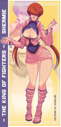 1girl 2017 artist_name blue_shirt blurry boots breasts character_name cleavage cleavage_cutout clenched_hands clothing_cutout coat collarbone commentary contrapposto cropped_jacket curvy earrings english_commentary facing_viewer female_focus floating_hair grin hair_between_eyes heart high_heel_boots high_heels highres jewelry knee_boots large_breasts lips long_hair long_sleeves miniskirt multiple_views navel_cutout parted_lips pink_coat pink_footwear pink_skirt purple_nails red_hair red_lips sano_br shermie_(kof) shiny_skin shirt simple_background sitting skin_tight skirt smile snk split_ponytail standing stretching teeth the_king_of_fighters the_king_of_fighters_&#039;97 thick_thighs thighs tiptoes title very_long_hair yellow_background