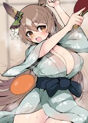 Rule 34 | 1girl, akizuki shigure, animal ears, ball, braid, breasts, brown hair, cleavage, commentary request, green kimono, half up braid, highres, holding table tennis paddle, horse ears, horse girl, horse tail, japanese clothes, kimono, large breasts, long hair, looking at viewer, open mouth, paddle, satono diamond (umamusume), solo, sweat, table tennis ball, table tennis paddle, tail, umamusume