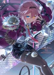 1girl ascot belt black_belt black_choker black_gloves black_hairband black_pantyhose black_shorts blue_eyes blush breast_zipper breasts center-flap_bangs chain-link_fence choker city closed_mouth coat coat_on_shoulders collared_shirt colored_tips commentary crossed_legs double-parted_bangs eyelashes feather_trim feet_out_of_frame fence fingerless_gloves ganmo_(takane_lui) gloves hair_between_eyes hairband head_wings heterochromia highres hololive kakeru_(kakekaker001) latex_shorts looking_at_viewer medium_breasts multicolored_hair necktie night orange_eyes outdoors pantyhose pantyhose_under_shorts pink_hair pink_necktie purple_coat shirt short_hair short_shorts shorts sitting sitting_on_fence smile solo takane_lui takane_lui_(1st_costume) thigh_strap tsukune_(takane_lui) tsumire_(takane_lui) two-tone_hair virtual_youtuber watermark white_ascot white_hair white_shirt wing_collar wings