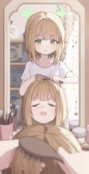 2girls :t absurdres blonde_hair blue_archive brushing_another&#039;s_hair brushing_hair closed_eyes closed_mouth female_pov green_eyes green_halo halo highres indoors midori_(blue_archive) mirror momoi_(blue_archive) multiple_girls nose_bubble open_mouth pov shirt short_hair short_sleeves siblings sisters sleeping teeth toki_kimagure twins upper_teeth_only white_shirt yuuka_(blue_archive)