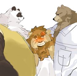 3boys animal_ears artist_self-insert bear_boy bear_ears ben_bigger black_fur blush brown_fur closed_eyes closed_mouth cocoducker commentary covering_face fat furry furry_male highres jacket lion_boy lion_ears lion_mane looking_to_the_side male_focus multicolored_fur multicolored_hair multiple_boys original pan_yinhu panda_boy panda_ears plump shirt shy smile streaked_hair sweatdrop symbol-only_commentary white_background white_fur white_jacket white_shirt yellow_shirt zenless_zone_zero