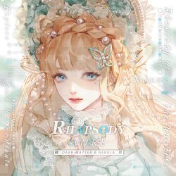 1girl blonde_hair blue_eyes bow braid butterfly_hair_ornament closed_mouth commission english_text hair_ornament lips long_hair looking_at_viewer original portrait solo upper_body zhaoye