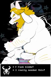 2boys ^^^ absurdres age_difference animal_ears arm_hair asgore_dreemurr bara bare_pectorals beard belly biceps blonde_hair blush chest_hair closed_eyes commentary completely_nude deltarune dialogue_box doctorhiruluk english_commentary english_text facial_hair fang fat fellatio floppy_ears furry furry_male gagging goat_ears goat_horns highres horn_grab horns leg_hair male_focus multiple_boys nude onii-shota open_mouth oral pectorals penis pink_horns plump pubic_hair ralsei sex shota skin_fang smile sweatdrop testicles white_fur yaoi