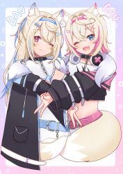 2girls animal_ear_fluff animal_ears bandaid bandaid_hair_ornament belt black_choker black_jacket blonde_hair blue_belt blue_eyes blue_hair blush breasts choker closed_mouth dog_ears dog_girl dog_tail fuwawa_abyssgard fuwawa_abyssgard_(1st_costume) hair_between_eyes hair_ornament hairclip headphones highres hololive hololive_english horn_hairband jacket large_breasts long_hair long_sleeves medium_breasts midriff mococo_abyssgard mococo_abyssgard_(1st_costume) multicolored_hair multiple_girls one_eye_closed open_mouth parallel_hairclips pink_belt pink_eyes pink_hair shirt short_hair siblings sisters smile tail twins unworn_headphones virtual_youtuber white_shirt wide_sleeves x_hair_ornament yokuto