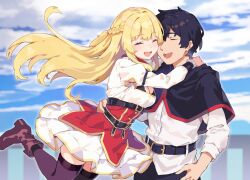 1boy 1girl armpit_cutout artist_request belt black_belt black_capelet black_hair blonde_hair blue_sky boots braid brown_boots brown_thighhighs capelet closed_eyes clothing_cutout cloud cloudy_sky commentary_request corset hetero highres hug long_hair long_sleeves official_art open_mouth red_(shin_no_nakama) red_corset rit_(shin_no_nakama) second-party_source shin_no_nakama_janai_to_yuusha_no_party_wo_oidasareta_no_de_henkyou_de_slow_life_suru_koto_ni_shimashita shirt short_hair skirt sky smile teeth thighhighs upper_teeth_only white_shirt white_skirt
