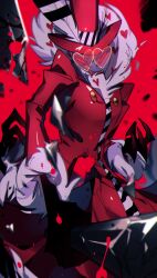 1boy absurdres ama0805 blood coat colored_skin demon_boy fur-trimmed_coat fur_trim hazbin_hotel heart heart-shaped_eyewear highres looking_at_viewer pink_coat purple_skin red_eyes sharp_teeth solo teeth valentino_(hazbin_hotel)