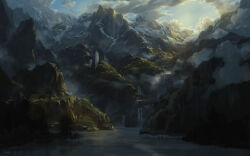 absurdres cloud cloudy_sky commentary day english_commentary highres lake landscape mountain nature no_humans original outdoors philipp_urlich scenery sky