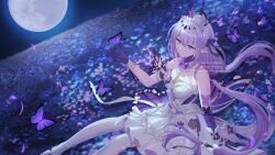1girl asymmetrical_gloves bare_shoulders black_tiara breasts bug butterfly butterfly_on_hand castorice_(honkai:_star_rail) celtreny commentary commission dress elbow_gloves english_commentary field flower flower_field full_moon gloves hair_flower hair_ornament highres honkai:_star_rail honkai_(series) insect long_hair medium_breasts moon night night_sky outdoors pantyhose pointy_ears purple_eyes purple_gloves purple_hair sitting sky solo tiara uneven_gloves watermark white_dress white_pantyhose
