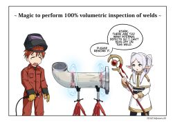 1boy 1girl border closed_eyes commentary dated elf english_commentary english_text frieren highres holding holding_staff industrial industrial_pipe looking_at_another no_nose open_mouth pointy_ears red_hair sbarky38 sousou_no_frieren speech_bubble staff stark_(sousou_no_frieren) tears twintails welding welding_mask white_hair