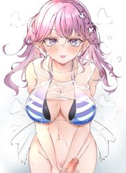 Rule 34 | 1boy, 1girl, absurdres, bikini, blue bikini, blue eyes, blush, bottomless, breasts, censored, collarbone, female pubic hair, gakuen idolmaster, groin, handjob, highres, hii (mzgu8388), idolmaster, kaya rinha, large breasts, long hair, mosaic censoring, multicolored eyes, navel, open mouth, penis, pink hair, pubic hair, purple eyes, pussy, shirt, simple background, smile, solo focus, stomach, sweat, swimsuit, thighs, twintails, two-tone eyes, white background, white shirt