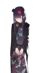 1girl absurdres black_haori black_kimono black_scarf blue_sash blunt_bangs bun_with_braided_base closed_eyes commentary double_bun flower furisode hair_bun hair_flower hair_ornament haori headpiece highres hololive hololive_english japanese_clothes kimono long_hair long_sidelocks mole mole_under_eye ninomae_ina&#039;nis ninomae_ina&#039;nis_(new_year) obi official_alternate_costume official_alternate_hairstyle pointy_ears print_kimono sash scarf seuhu sidelocks simple_background sitting sleeping solo straight_hair symbol-only_commentary takodachi_(ninomae_ina&#039;nis) virtual_youtuber white_background wide_sleeves