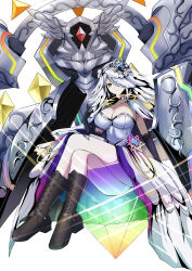 1girl absurdres black_boots black_gloves boots breasts cleavage closed_mouth crossed_legs dress duel_masters duel_masters_play&#039;s elbow_gloves full_body gloves gradient_clothes grey_hair highres large_breasts looking_at_viewer looking_down monster official_art rainbow_gradient royo21294110 shield simple_background sitting strapless strapless_dress veil wedding_(duel_masters) white_background white_dress yellow_eyes