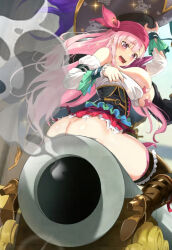 1girl absurdres ass bandana blush boots breasts butt_crack cannon captain_liliana clothes_pull detached_sleeves embarrassed frills hat high_heel_boots high_heels highres large_breasts long_hair official_art pasties pink_hair pirate pirate_costume pirate_hat queen&#039;s_blade queen&#039;s_blade_limit_break shirt_pull shirt_slip skirt solo star_(symbol) star_pasties thighhighs torn_clothes torn_skirt