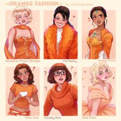 Rule 34 | 6+girls, ?, aladdin (2021), aladdin (movie), billie eilish, blonde hair, bob cut, breasts, brown hair, character name, cleavage, coat, commentary, copyright name, dark-skinned female, dark skin, dress, english commentary, fashion, fran fine, fur coat, gem, gentlemen prefer blondes, glasses, gretchen wieners, grin, highres, jasmine (disney), jewelry, long hair, lorelei lee, luztapiaart, mean girls, midriff, multiple drawing challenge, multiple girls, necklace, orange coat, orange dress, orange scarf, orange shirt, orange sweater, orange theme, real life, scarf, scooby-doo, shirt, short hair, smile, strapless, strapless dress, sweater, the nanny, turtleneck, turtleneck sweater, velma dinkley, wavy hair