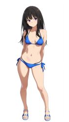 1girl bikini black_hair blue_bikini blue_eyes blush breasts cleavage closed_mouth highres inoue_takina large_breasts layered_bikini long_hair looking_at_viewer lycoris_recoil navel simple_background solo swimsuit thighs white_background