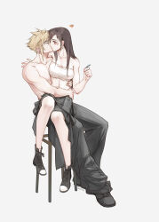 1boy 1girl ^^^ apron artist_name baggy_pants bare_arms bare_legs bare_shoulders black_apron black_footwear black_hair black_pants black_shorts blonde_hair breasts brown_hair bruise_on_shoulder christinelanc closed_eyes cloud_strife collarbone commentary couple crop_top dirge_of_cerberus_final_fantasy_vii earrings english_commentary facing_another final_fantasy final_fantasy_vii final_fantasy_vii_advent_children full_body grey_background highres holding holding_bandaid hug injury jewelry kiss long_hair looking_at_another medium_breasts midriff pants red_eyes short_hair shorts simple_background single_earring sitting sitting_on_lap sitting_on_person spiked_hair strapless surprise_kiss surprised tifa_lockhart topless_male tube_top waist_apron white_tube_top