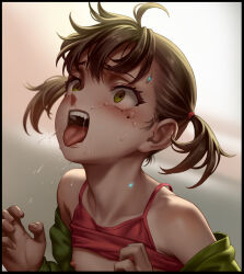 1girl ahegao as109 bare_shoulders blush brown_hair drooling flat_chest green_eyes highres loli mole mole_under_eye nipples open_mouth original rape saliva short_hair short_twintails snot solo tears teeth tongue tongue_out twintails
